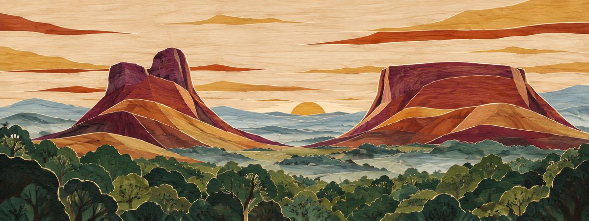 Ilustração em marchetaria do Vale do Capão: o Morrão à esquerda, o Morro Branco à direita e a mata em primeiro plano.