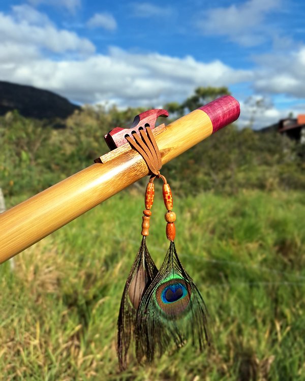 Flauta nativa de bambu com bloco de pássaro e penas