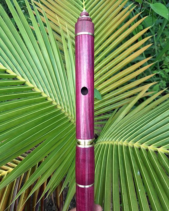 Flauta irlandesa de roxinho com anéis de latão e coroa, em pé.