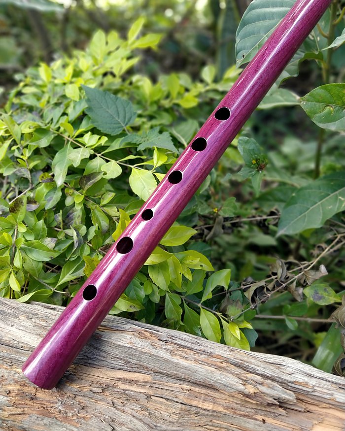 Flauta transversal de roxinho, corpo único, sobre um tronco.